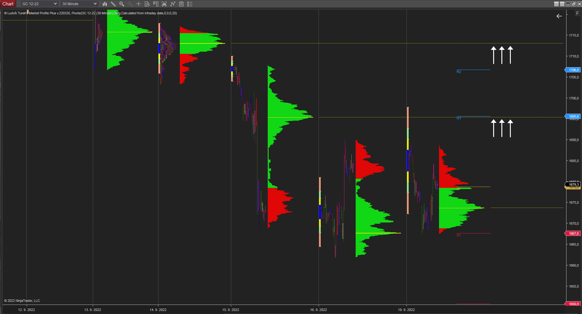 30 minutes chart of GC (Gold Futures), Daily Market Profile's levels of interest. Source: Author's analysis